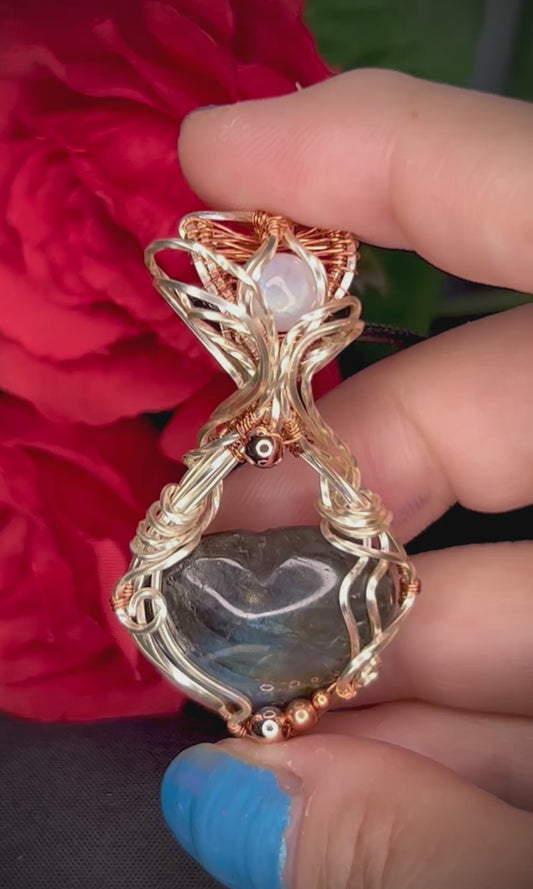 Tinned Copper Labradorite Heart & Moonstone Pendant