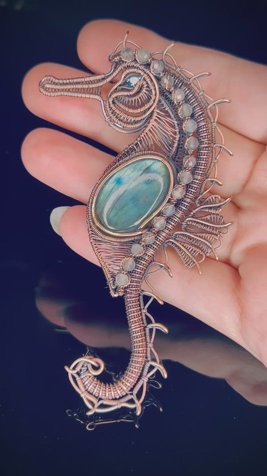 Copper Labradorite & Blue Zircon Seahorse Pendant