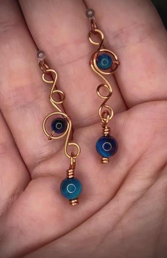 Copper Aquamarine Tiger’s Eye Swirl Post Earrings