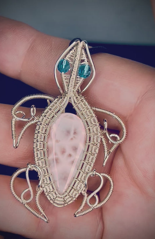 Silver Pink Natrolite Turtle Pendant