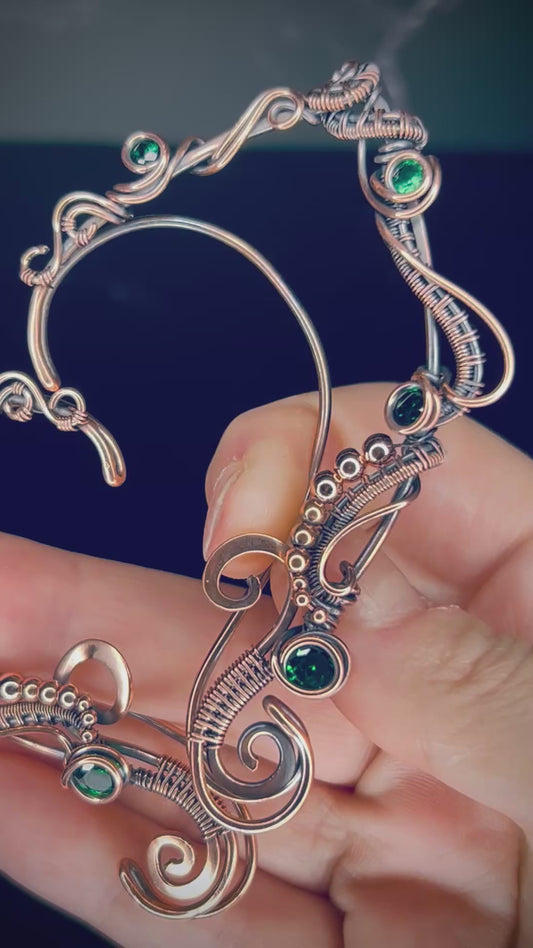 Copper Emerald Elven Ear Cuffs