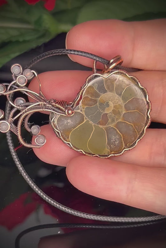 Copper Ammonite & Green Moonstone Nautilus Pendant