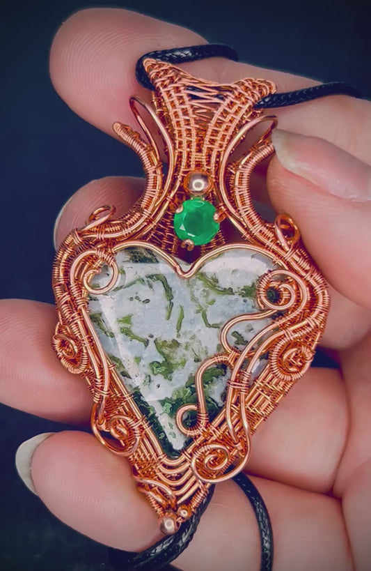 Copper Moss Agate Heart & Green Onyx Pendant