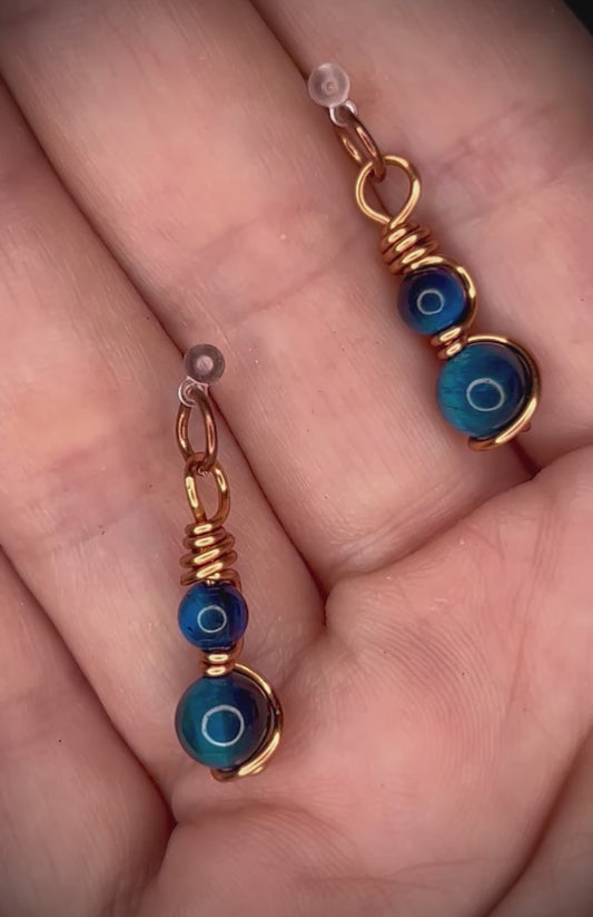 Copper Aquamarine Tiger’s Eye Post Earrings