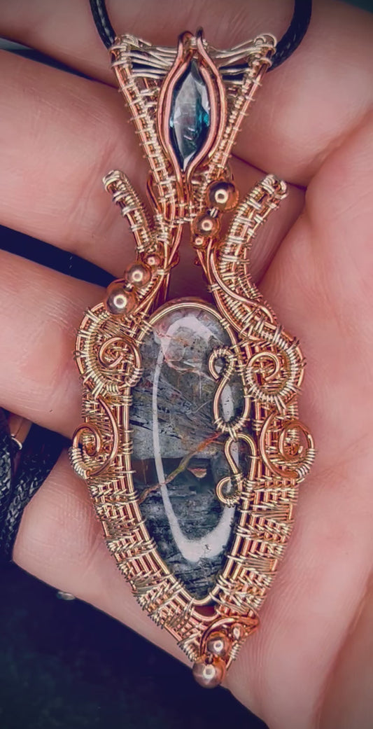Copper/Bronze/Silver Orange Seam Agate & London Blue Topaz Pendant